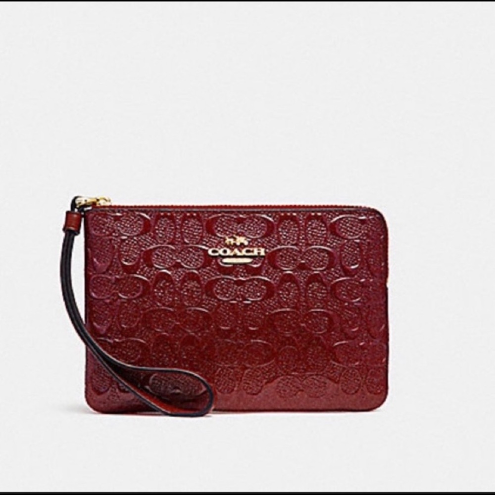 NWT COACH Patent Corner Zip Wristlet Dk Red F58034